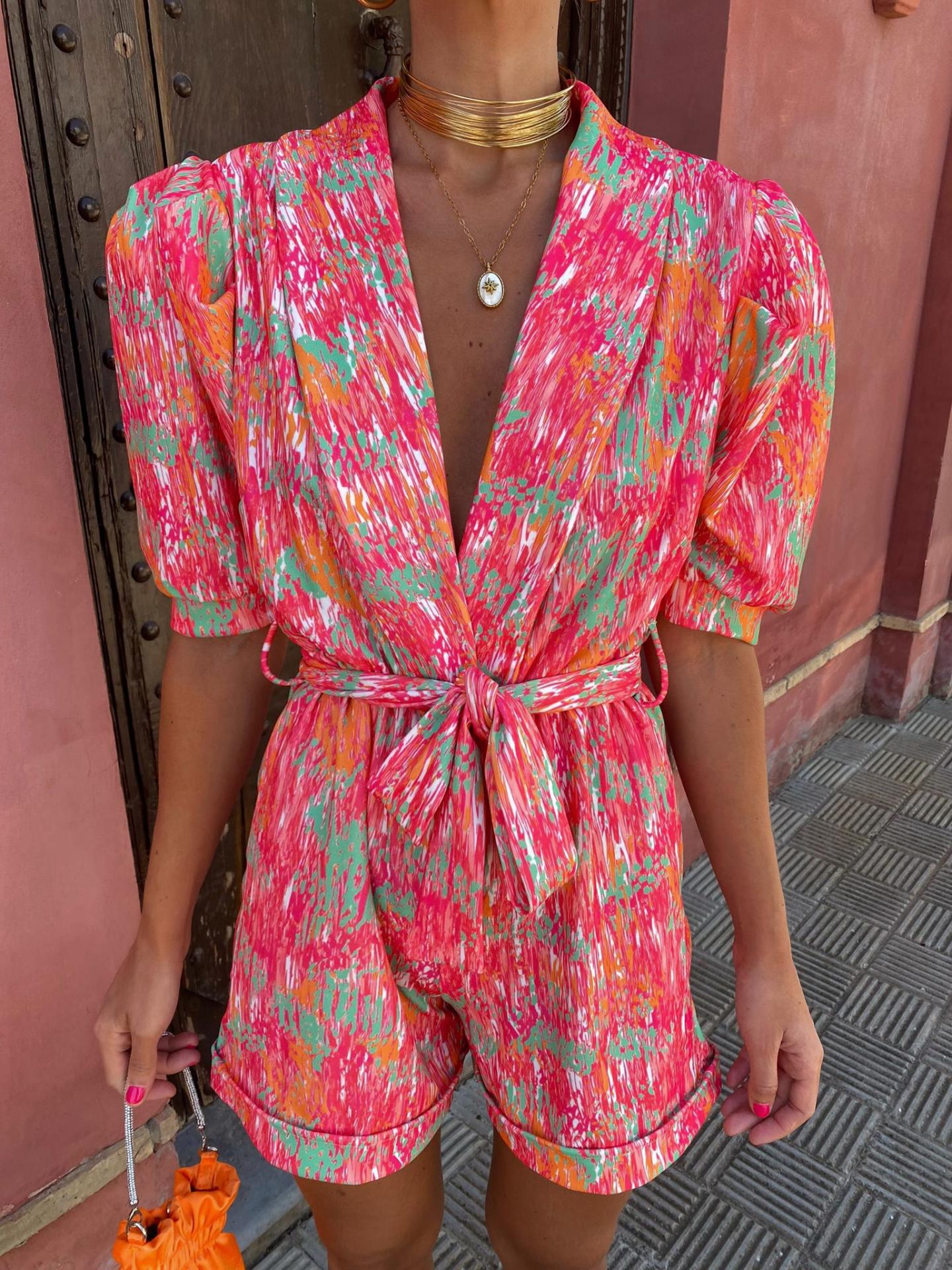 Women’s Romper – Deep V-Neck – Puff Sleeve – Belted Waist – Lightweight Comfort