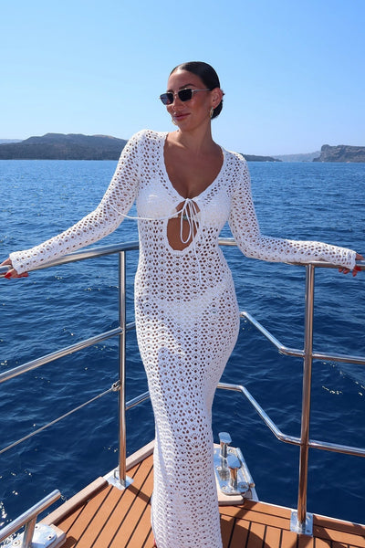 White Crochet Tie Front Long Sleeve Maxi Dress