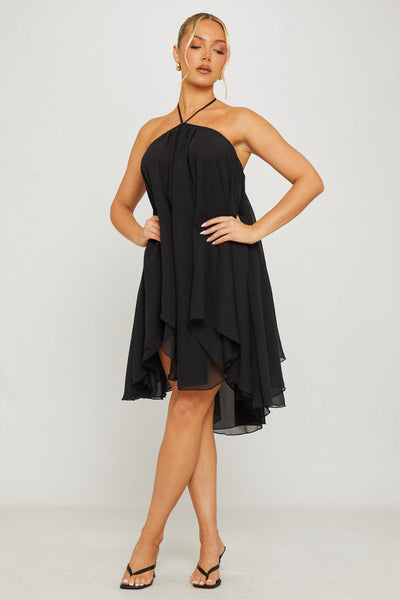 Black Chiffon Halter Asymmetric Mini Dress