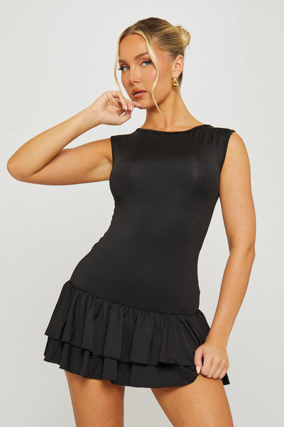 Black Sleeveless Drop Waist Ruffle Hem Mini Dress