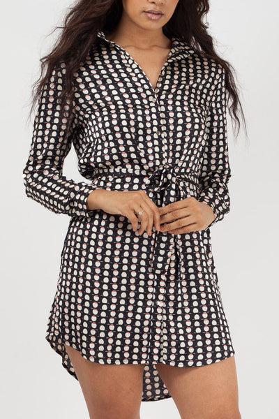 Black Satin Geometric Print Belted Shirt Dress