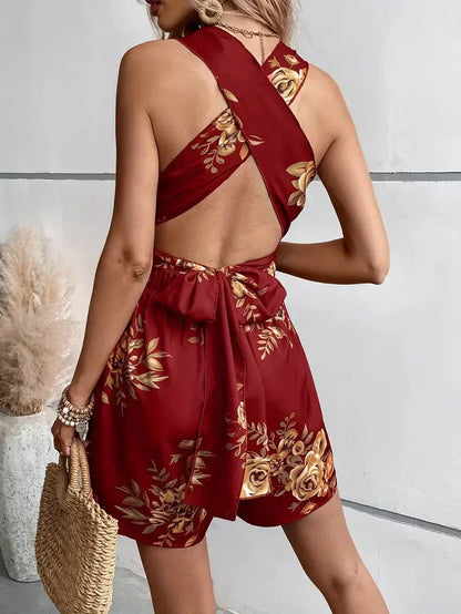 Women's Sleeveless Romper - Deep V-Neck - Ruched Waist - Flowy Hem - Floral Print
