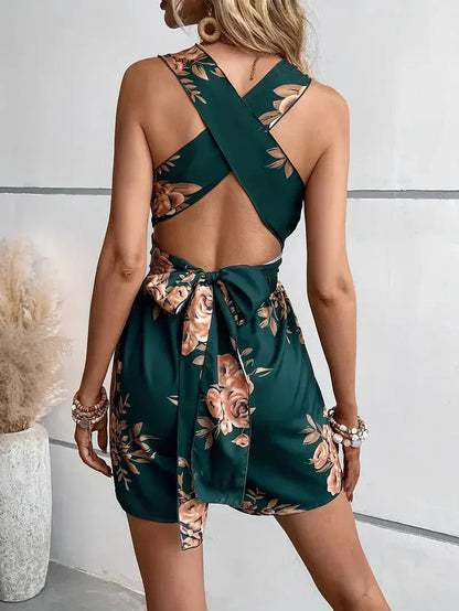 Women's Sleeveless Romper - Deep V-Neck - Ruched Waist - Flowy Hem - Floral Print