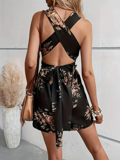Women's Sleeveless Romper - Deep V-Neck - Ruched Waist - Flowy Hem - Floral Print