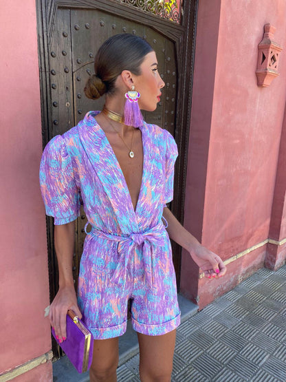 Women’s Romper – Deep V-Neck – Puff Sleeve – Belted Waist – Lightweight Comfort