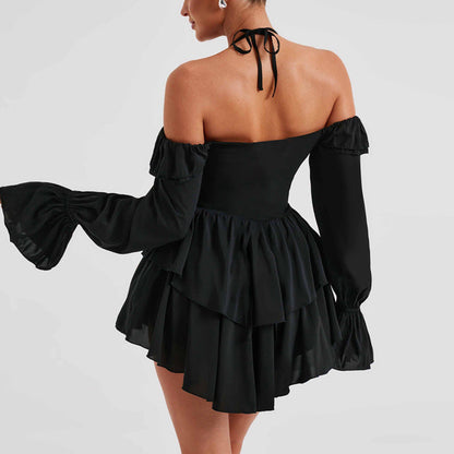 Women’s Mini Dress – Off-Shoulder Halter – Long Sleeve – Ruffle Trim – Flowy Fit