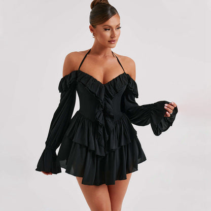 Women’s Mini Dress – Off-Shoulder Halter – Long Sleeve – Ruffle Trim – Flowy Fit