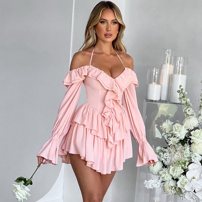 Women’s Mini Dress – Off-Shoulder Halter – Long Sleeve – Ruffle Trim – Flowy Fit