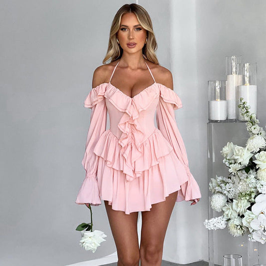 Women’s Mini Dress – Off-Shoulder Halter – Long Sleeve – Ruffle Trim – Flowy Fit